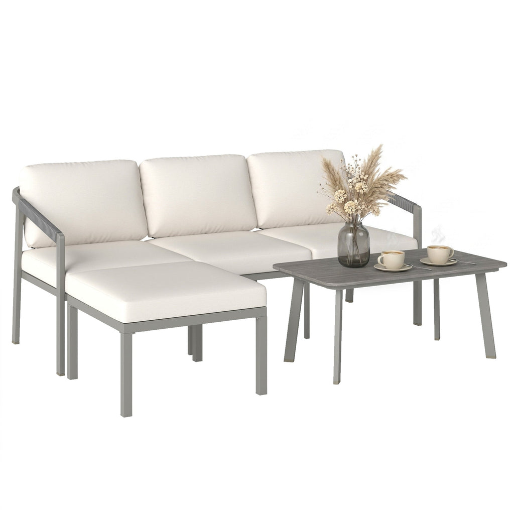 3 Piece Garden Furniture Set with Sofa, Footstool and Coffee Table, Grey