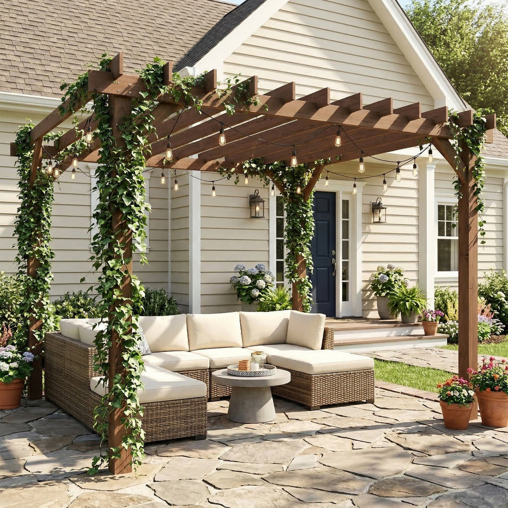 PerArbor Wooden Pergola Kit 3 x 3 m Maple with Triangle Supports & Grape Trellis