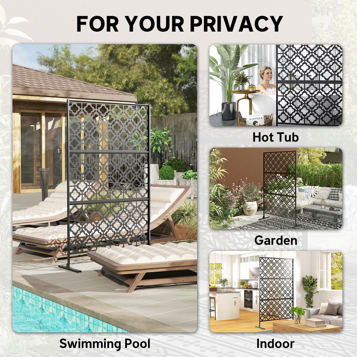 78" x 48" Metal Outdoor Privacy Screen, Quatrefoil Design, Black
