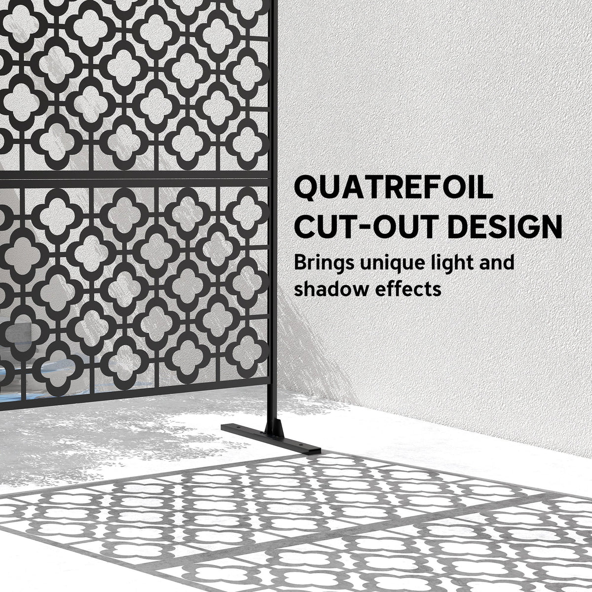 78" x 48" Metal Outdoor Privacy Screen, Quatrefoil Design, Black