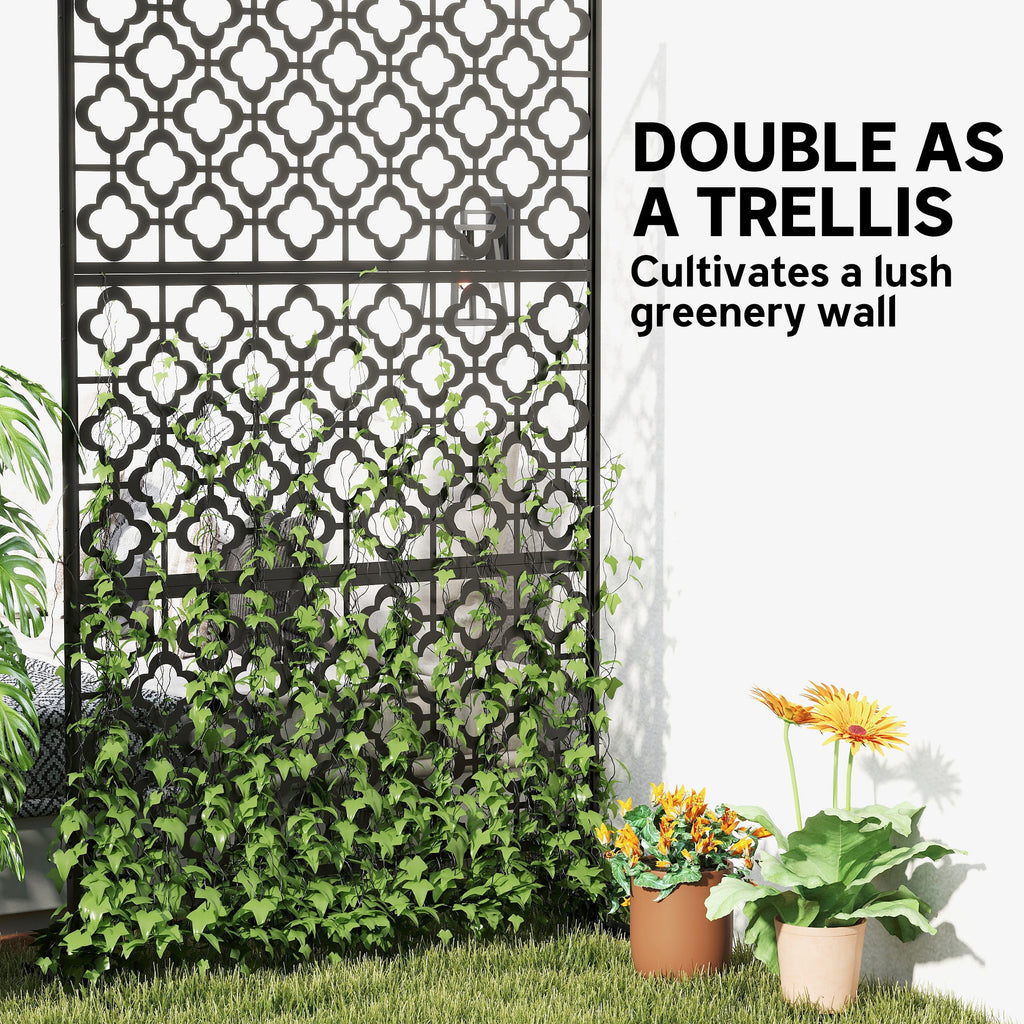 78" x 48" Metal Outdoor Privacy Screen, Quatrefoil Design, Black
