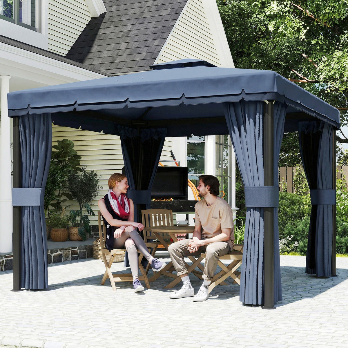 3 x 3 m Patio Gazebo with 2-Tier Roof, Netting & Curtains, Dark Blue