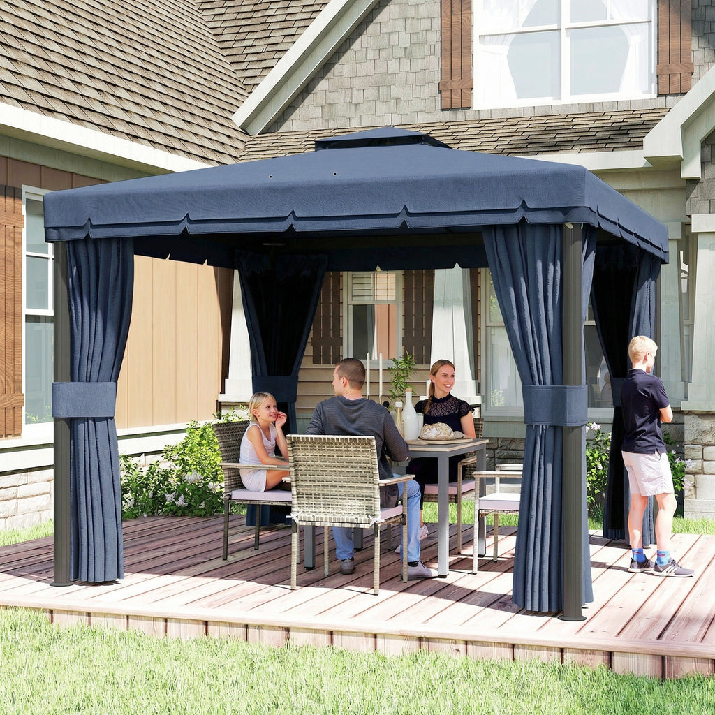 3 x 3 m Patio Gazebo with 2-Tier Roof, Netting & Curtains, Dark Blue