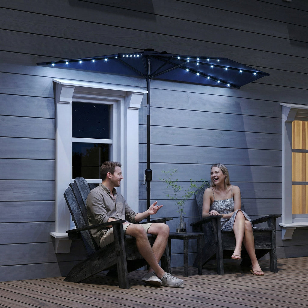 2.6 m Half Garden Parasol with Solar LED Lights and Tilt, Dark Blue