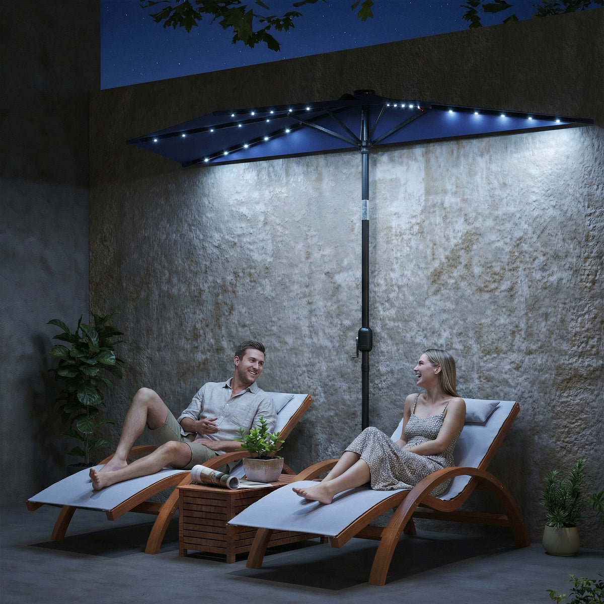 2.6 m Half Garden Parasol with Solar LED Lights and Tilt, Dark Blue