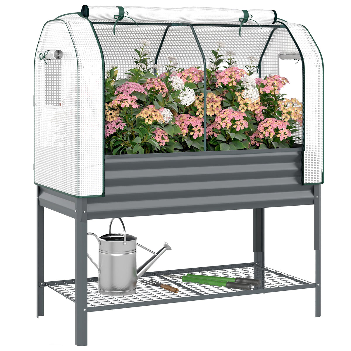 Galvanized Raised Garden Bed with Greenhouse Cover, Dark Gray