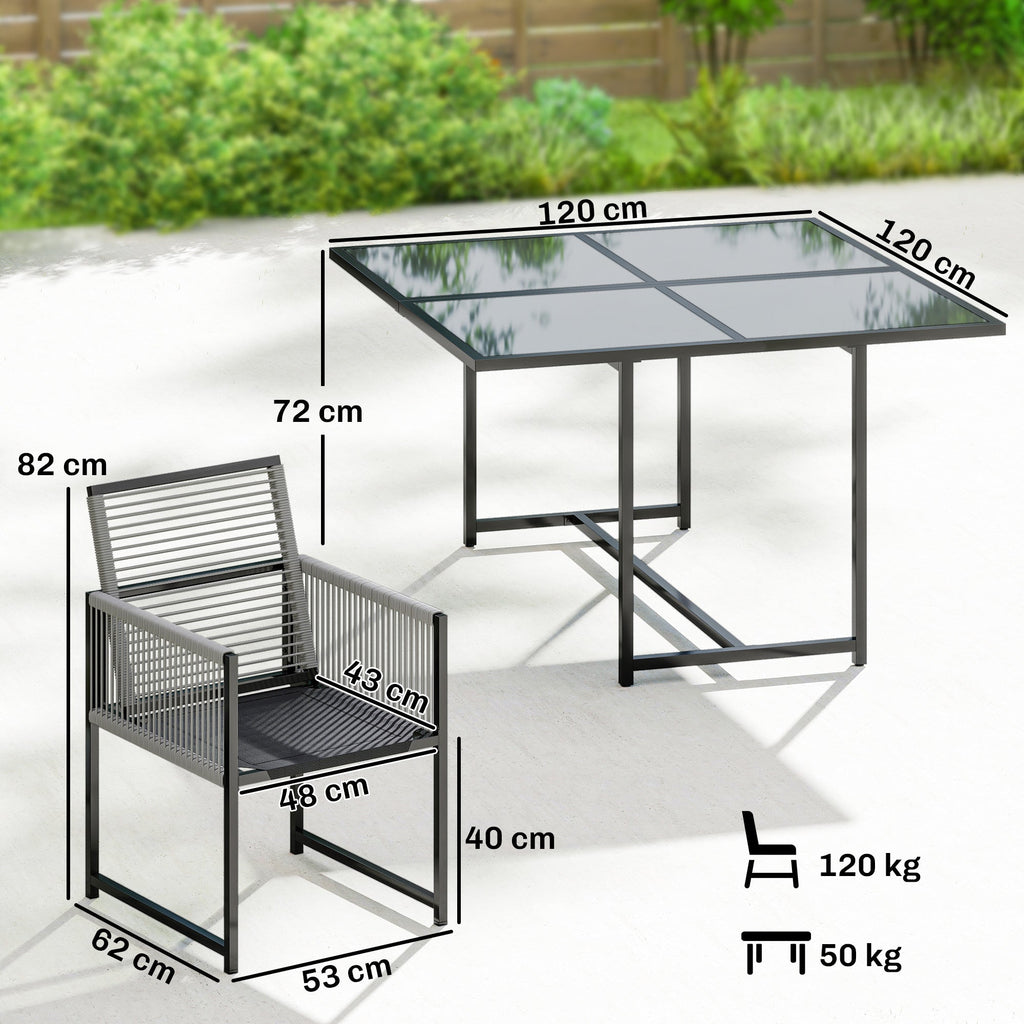 5-Piece Light Grey Outdoor Dining Set with Tempered Glass Top, Foldable Chairs