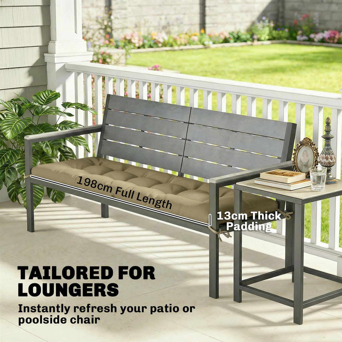 Memory Foam Sun Lounger Cushion with Ties, 190 x 60 cm, Sand
