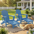 2 Piece Folding Adirondack Chairs with Ottoman and Cup Holder, Blue
