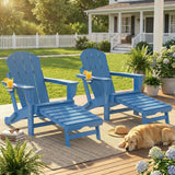 2 Piece Folding Adirondack Chairs with Ottoman and Cup Holder, Blue