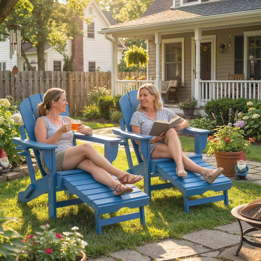 2 Piece Folding Adirondack Chairs with Ottoman and Cup Holder, Blue