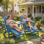 2 Piece Folding Adirondack Chairs with Ottoman and Cup Holder, Blue