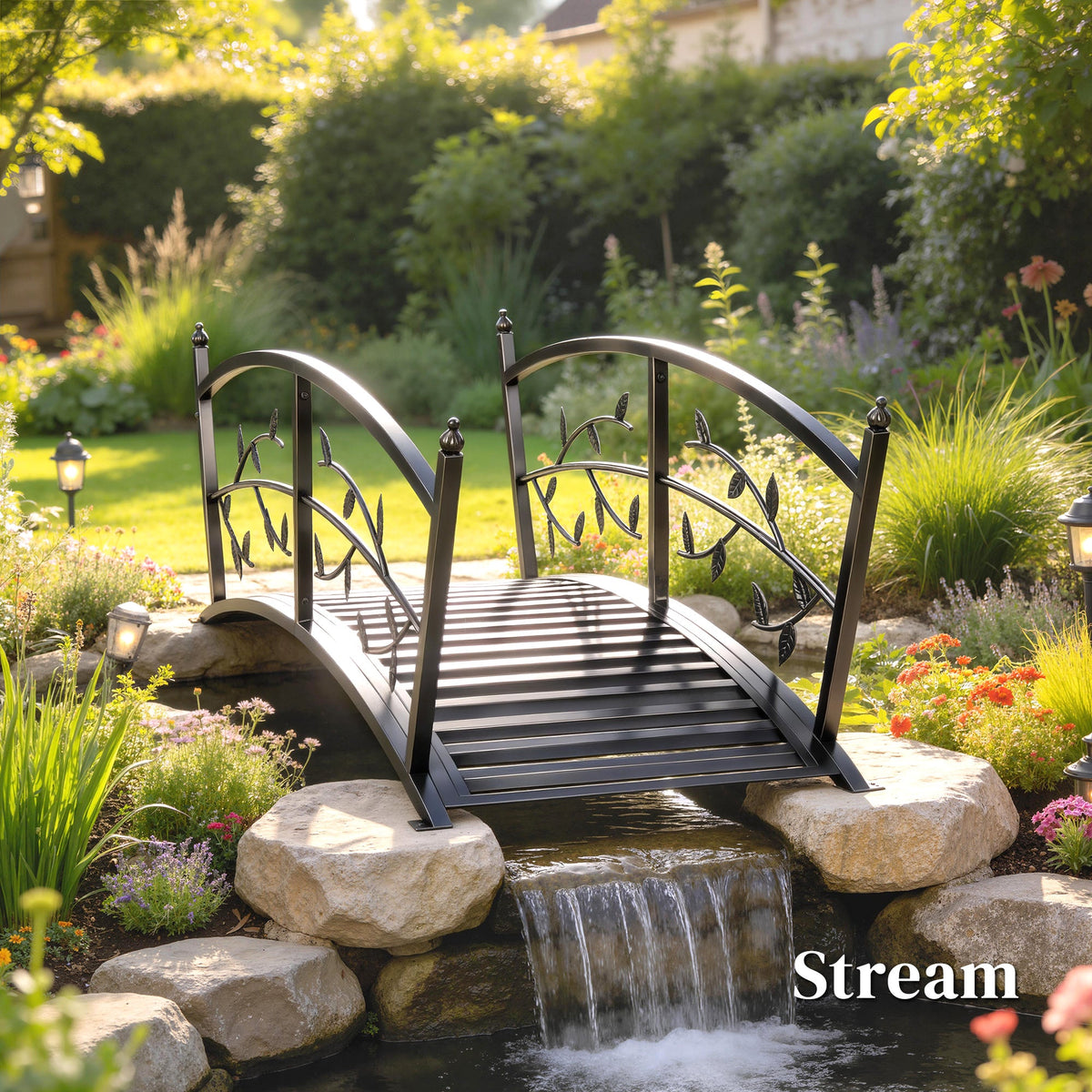 1.2M Metal Garden Bridge with Safety Railings, Black