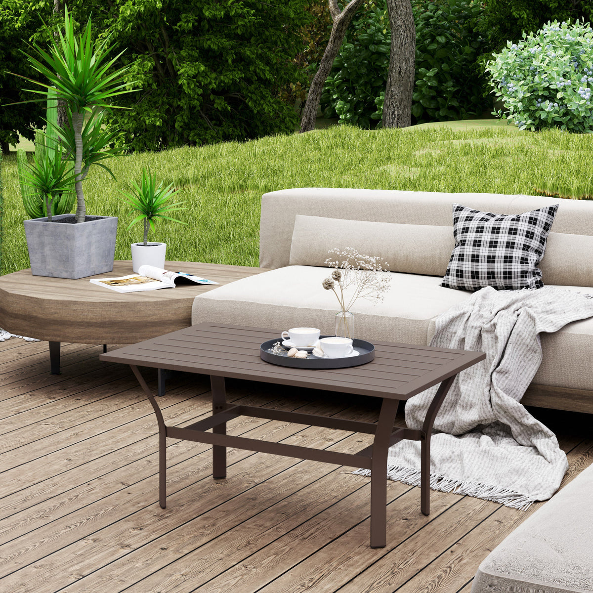 Outdoor Metal Coffee Table with Slatted Top, Brown