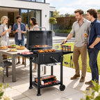 Charcoal BBQ Grill with Adjustable Pan, Side Tables and Chimney, Black