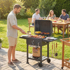 Charcoal BBQ Grill with Adjustable Pan, Side Tables and Chimney, Black
