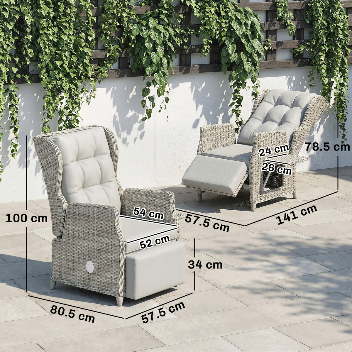 Rattan Garden Recliner Chair with Footrest, Flip Table and Cushion, Light Grey