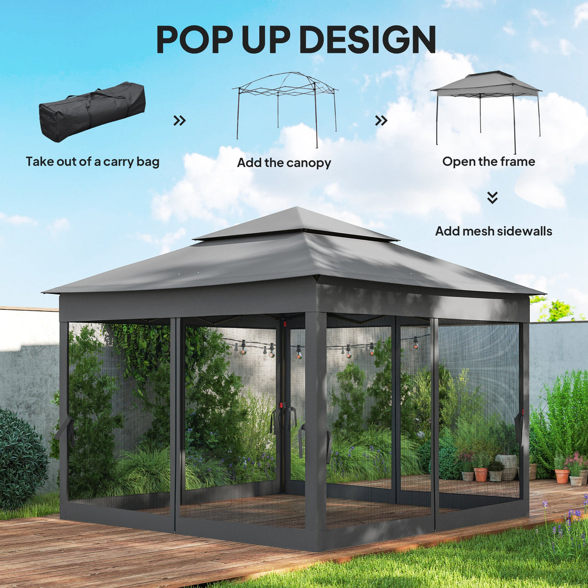11' x 11' Pop-Up Canopy with 2-Tier Soft Top and Zipper Netting, Dark Grey