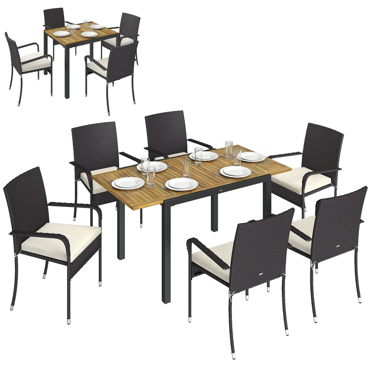 7-Piece Rattan 6-Seater Dining Set with Acacia Top and Cushions, Cream White
