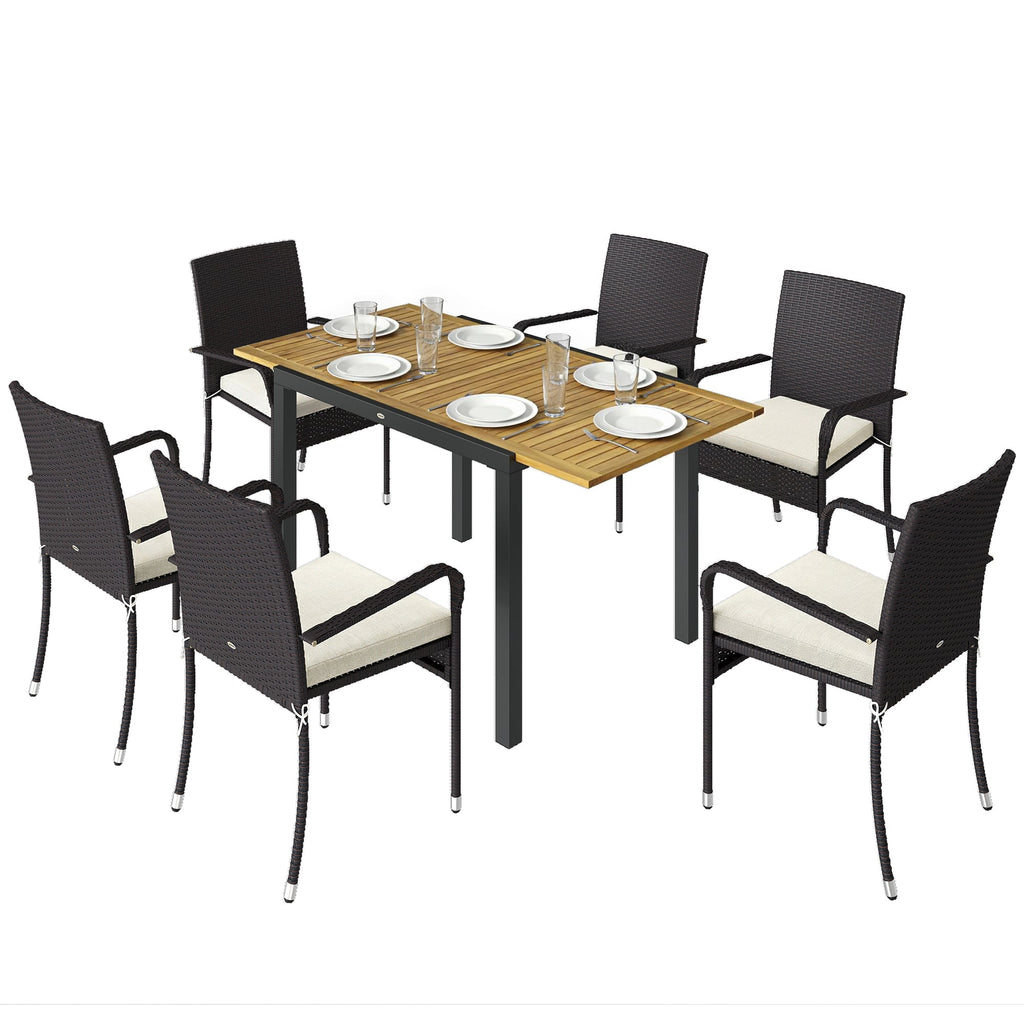 7-Piece Rattan 6-Seater Dining Set with Acacia Top and Cushions, Cream White