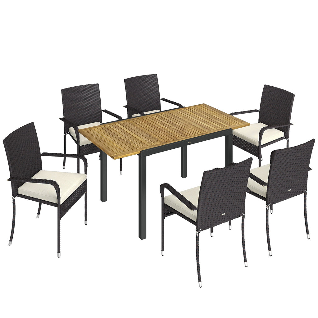 7-Piece Rattan 6-Seater Dining Set with Acacia Top and Cushions, Cream White