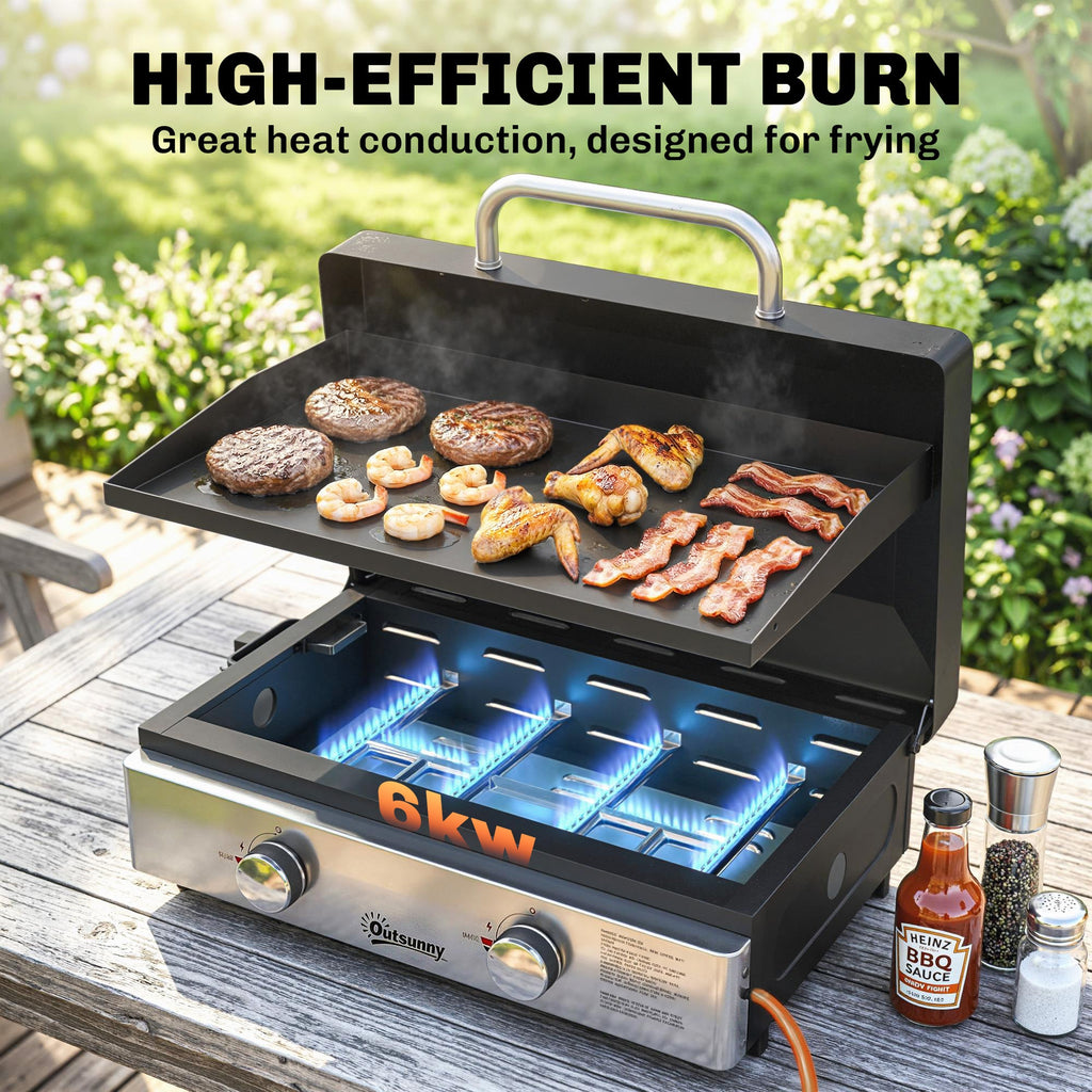 2-Burner Portable 6 kW Gas Plancha Tabletop Griddle with Grease Cup for Camping, Black