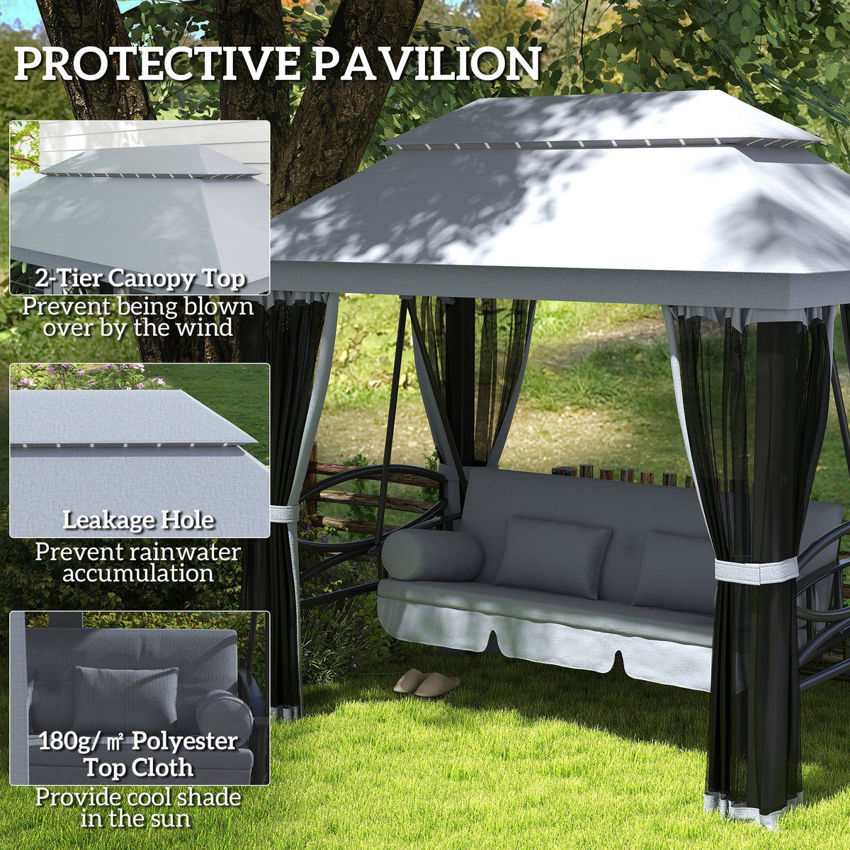 3-Seat Patio Swing Chair with Mesh Sidewalls, Gray