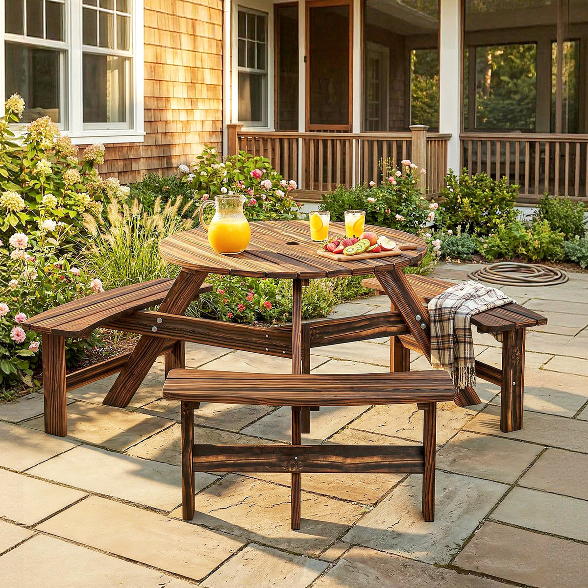 6 Seater Wooden Garden Picnic Table Set with Matching Bench, Carbonized