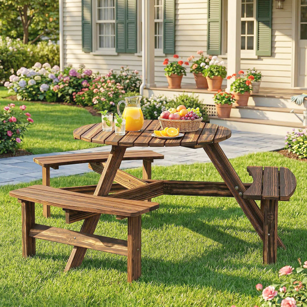 6 Seater Wooden Garden Picnic Table Set with Matching Bench, Carbonized