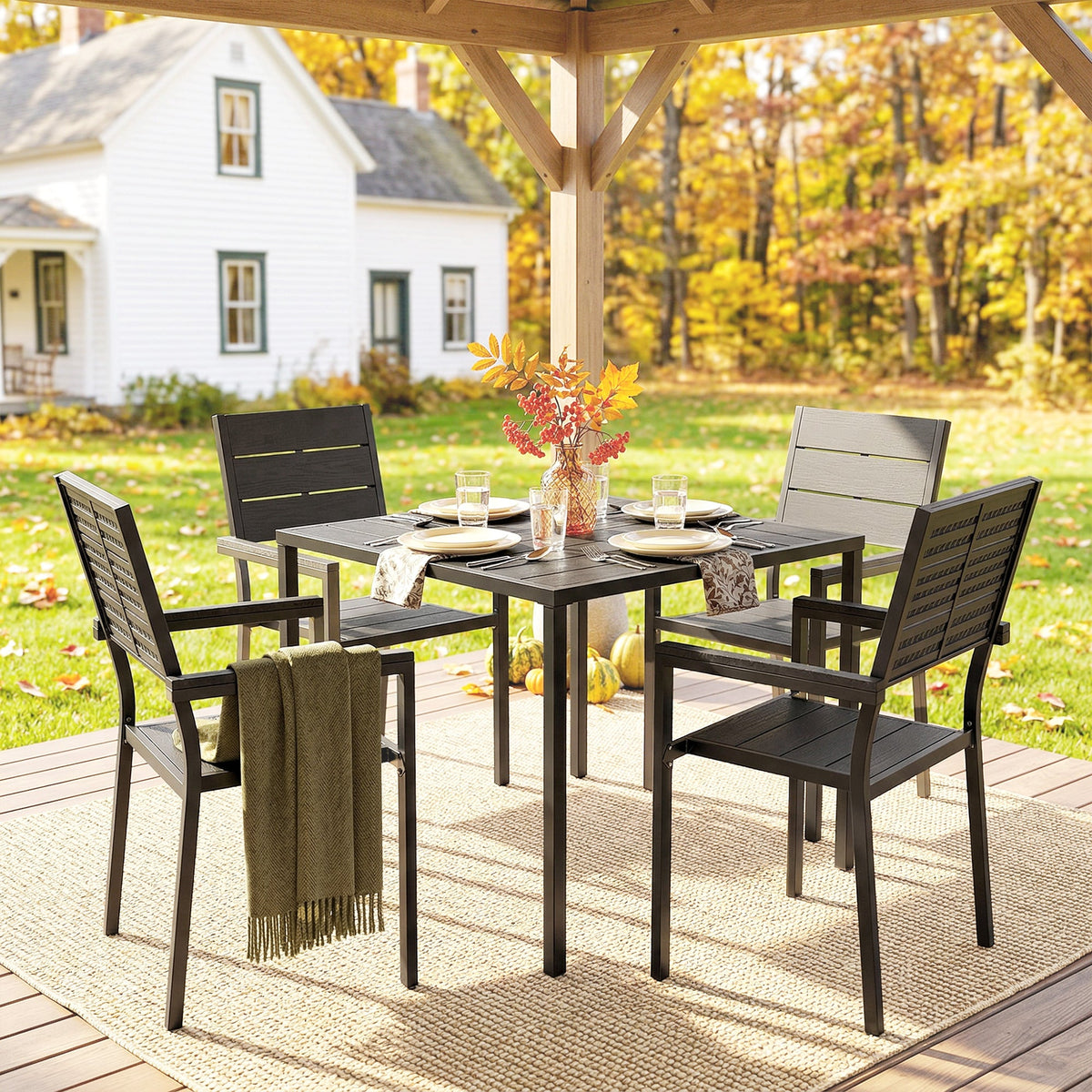 5-Piece Garden Dining Set, Square HDPE Table and Armrest Chairs for 4, Black