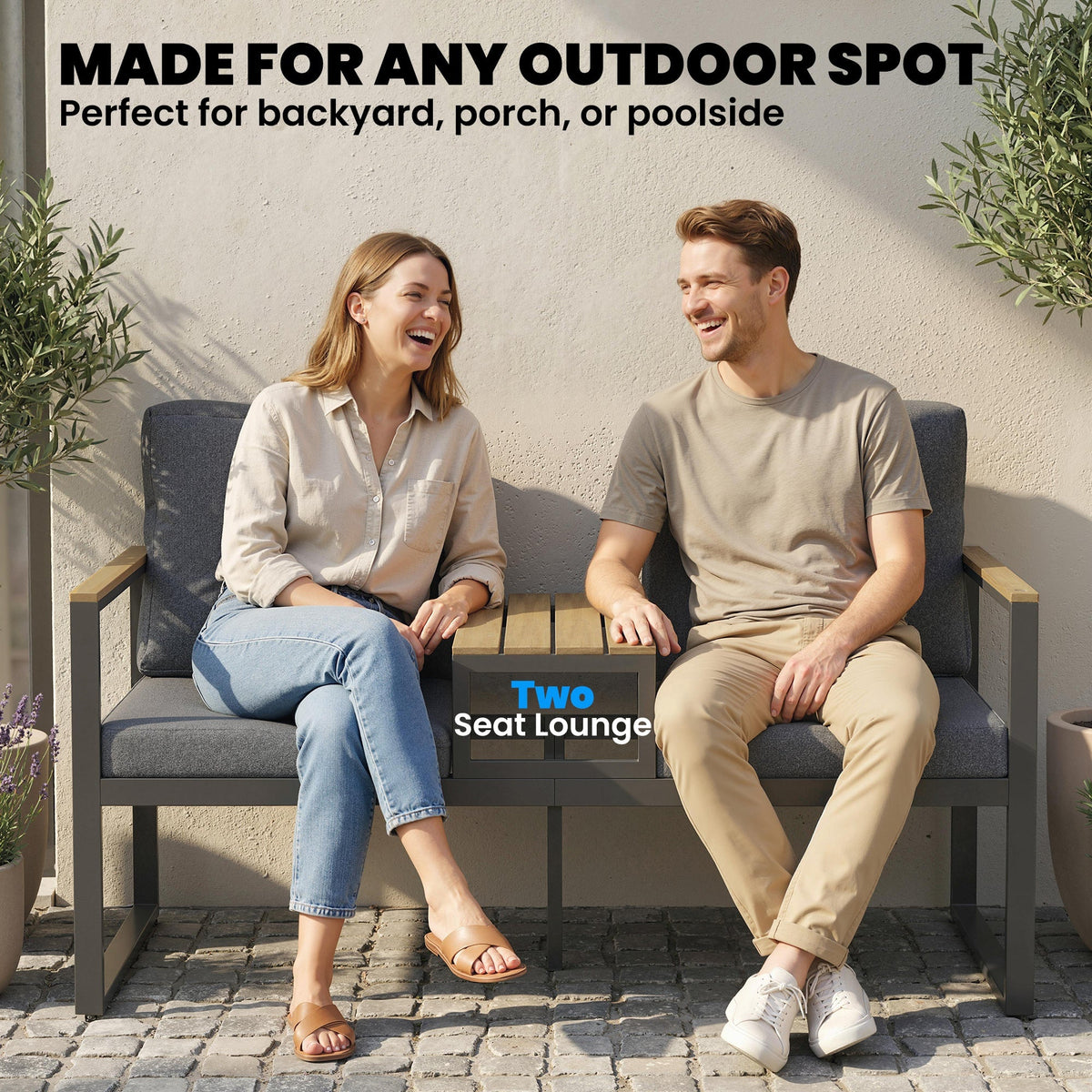 2-Seat Outdoor Garden Bench with Center Table and Thick Cushions, Light Grey