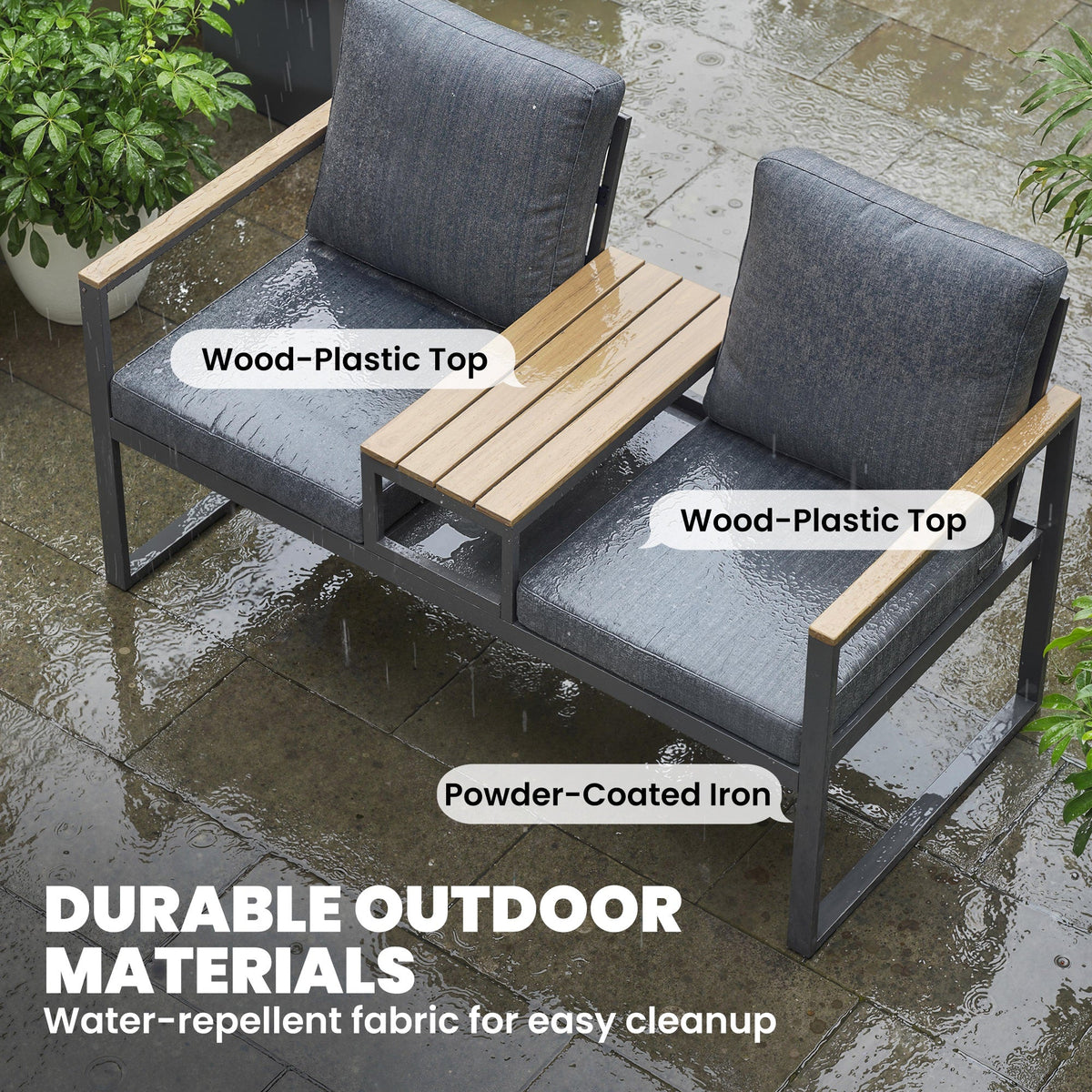 2-Seat Outdoor Garden Bench with Center Table and Thick Cushions, Light Grey