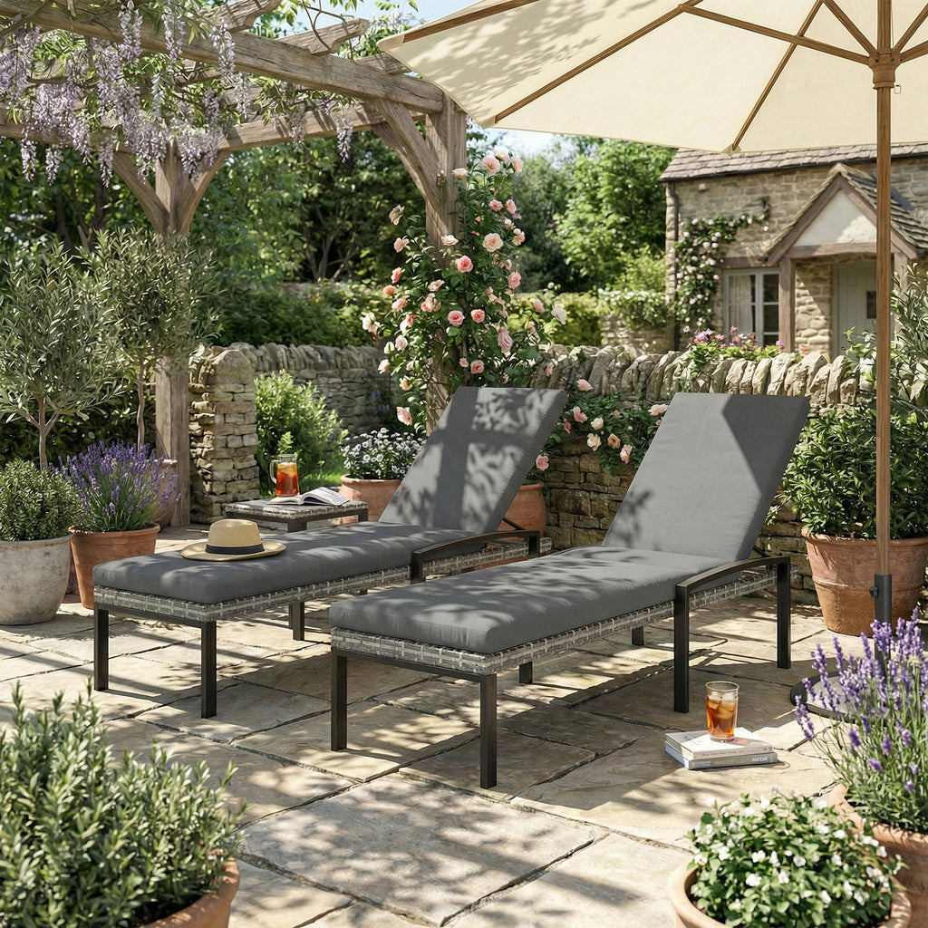 Pair of Wicker Chaise Loungers with 5-Level Backrest & Cushion, Light Grey