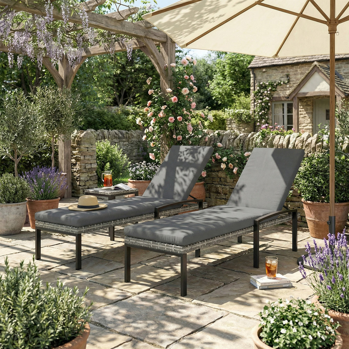 Pair of Wicker Chaise Loungers with 5-Level Backrest & Cushion, Light Grey