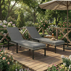 Pair of Wicker Chaise Loungers with 5-Level Backrest & Cushion, Light Grey