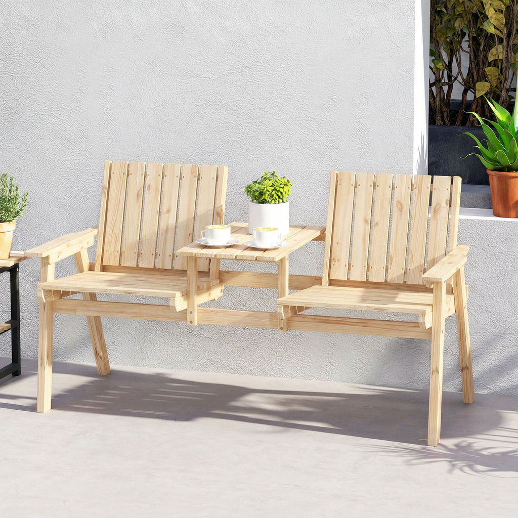2-Seater Wooden Garden Loveseat with Table and Parasol Hole, Natural