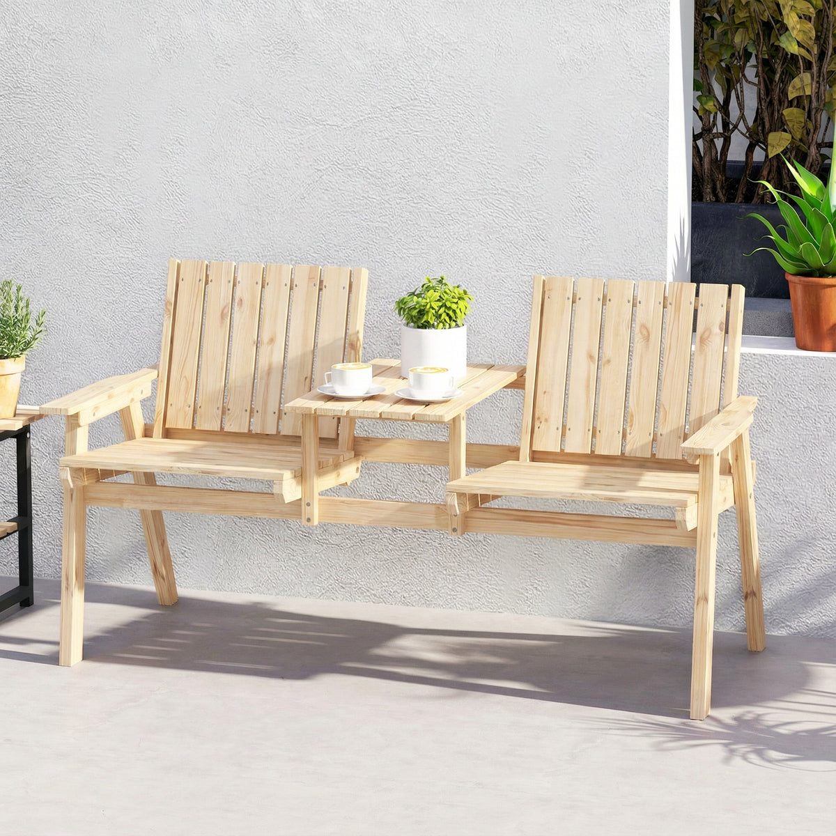 2-Seater Wooden Garden Loveseat with Table and Parasol Hole, Natural