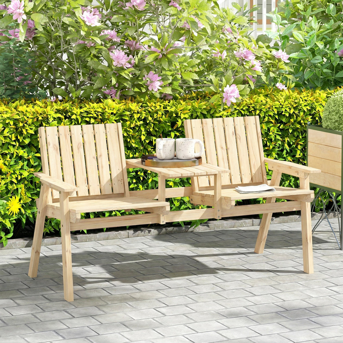 2-Seater Wooden Garden Loveseat with Table and Parasol Hole, Natural