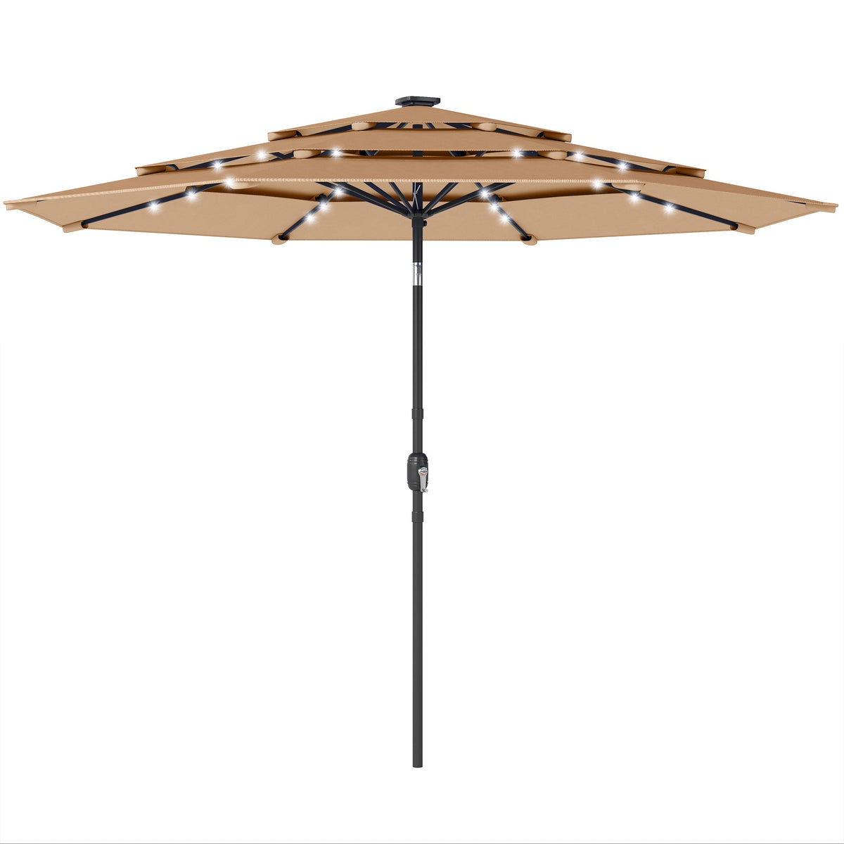 2.8 m Garden Parasol with Solar LED Light, Cover and 3-Tier Top, Khaki
