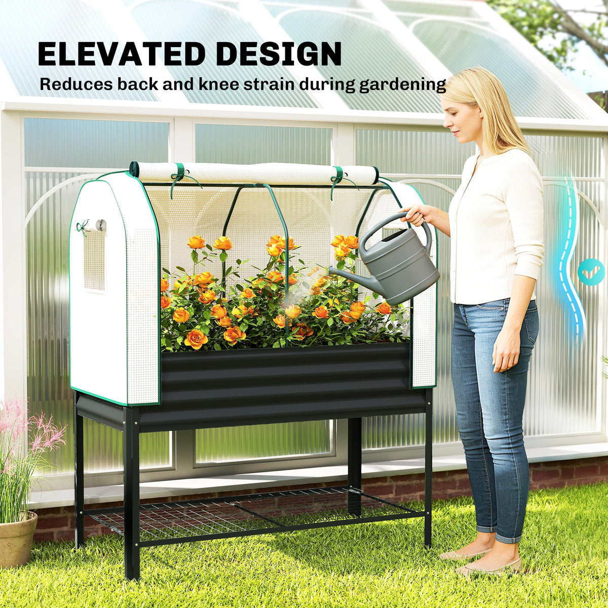 Galvanized Raised Garden Bed with Greenhouse Cover, Black