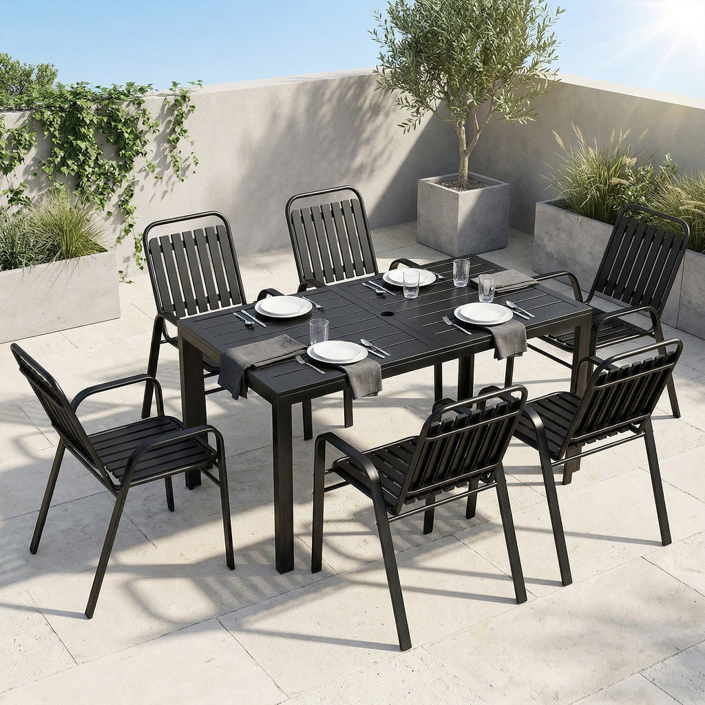7 Piece Garden Dining Set with Stackable Chairs and Umbrella Hole, Black