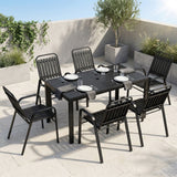 7 Piece Garden Dining Set with Stackable Chairs and Umbrella Hole, Black
