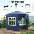 6.6' x 6.6' Pop-Up Canopy Tent with Removable Sidewalls and Carry Bag, Blue