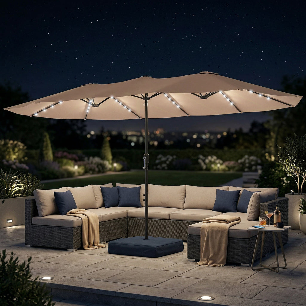 4.5 m Double-Sided Garden Parasol with LED Lights, Base & Sandbags, Khaki