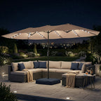 4.5 m Double-Sided Garden Parasol with LED Lights, Base & Sandbags, Khaki