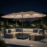 4.5 m Double-Sided Garden Parasol with LED Lights, Base & Sandbags, Khaki