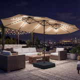 4.5 m Double-Sided Garden Parasol with LED Lights, Base & Sandbags, Khaki