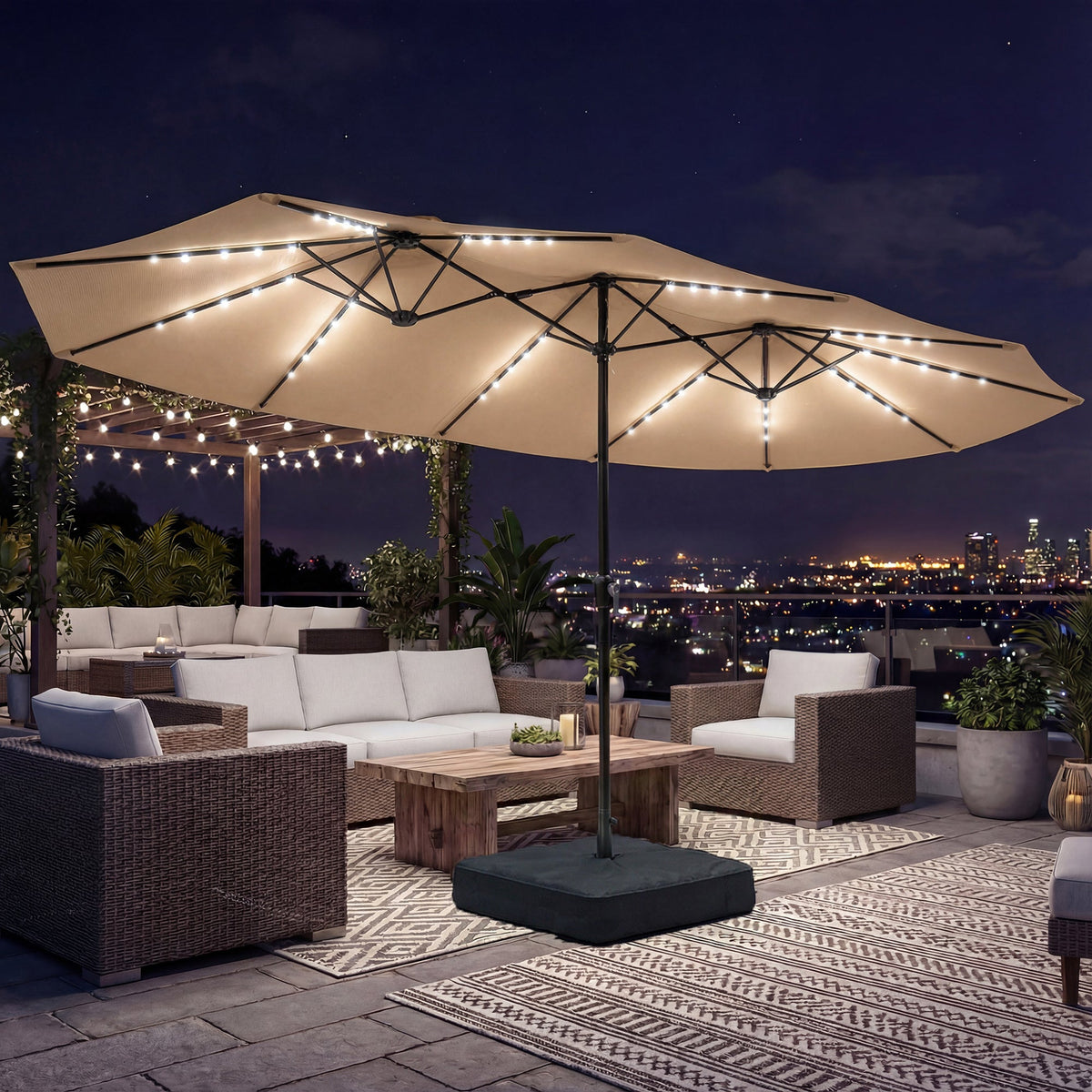 4.5 m Double-Sided Garden Parasol with LED Lights, Base & Sandbags, Khaki
