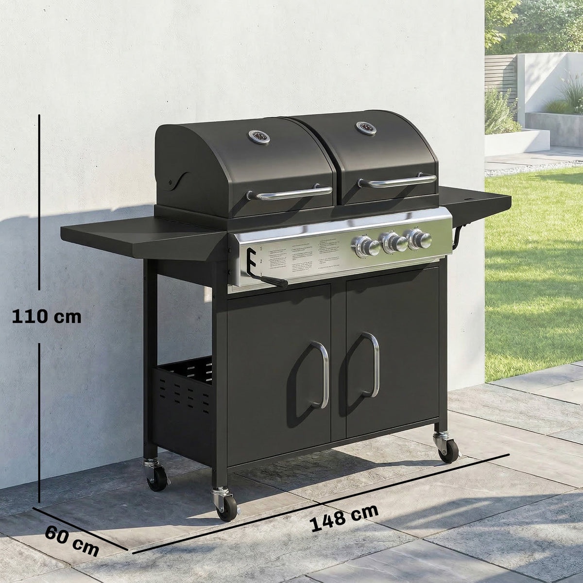 2+1 Burner Hybrid Dual Fuel BBQ Grill with Cabinet, Black