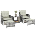 5-Piece Rattan Patio Set with Ottomans and 2-Tier Glass Coffee Table, Grey Cream